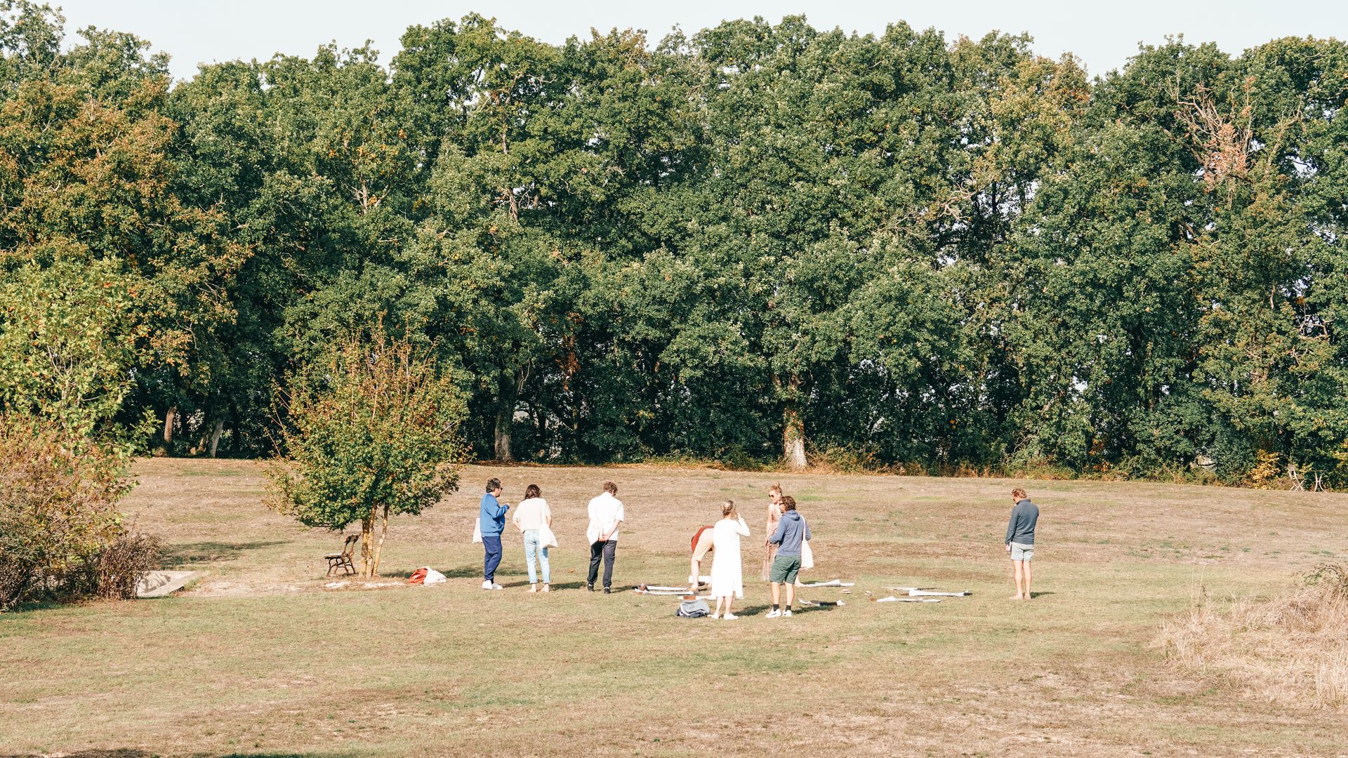 Team tijdens een actieve teambuilding buiten in de natuur